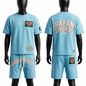 ชุดเสื้อยืดและกางเกงขาสั้นผู้ชาย ผ้าฝ้ายหนา 230 GSM สีน้ำเงินวินเทจ พิมพ์ลายกราฟิก ออกแบบโลโก้สกรีนเอง ชุด 2 ชิ้นสำหรับผู้ชาย - Product Image 2