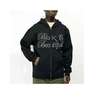 Korean Heavy Cotton <b>Zip</b>-<b>up</b> <b>Hoodie</b> <b>Black</b> Oversized Custom Design with Rhinestone for Winter Season - Product Image 1