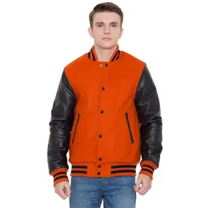 100% Cashmere Wool Body and Genuine Cowhide Leather Sleeves Orange & Black Letterman Varsity Jacket