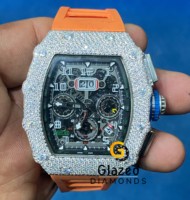 Luxuriöse Herren-Chronographenuhr mit glasierten Diamanten, ETA-Automatikwerk, rechteckigem Edelstahlgehäuse (41 mm) und Silikonarmband – Eleganz und Charme