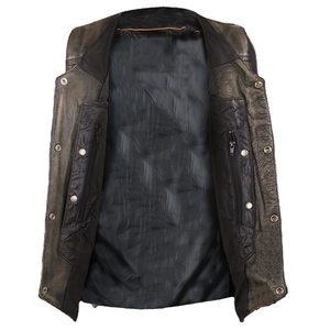 Veste et gilet en cuir de vachette brun ciré pour homme, luxe, dix poches, lacets latéraux réglables, tissu en toile, style vintage, anti-rides - Product Image 3