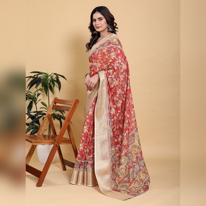 Sari de Algodón y Lino con Estampado Kalamkari Artístico al por Mayor, con Borde de Zari, Motivos GG-622, Destacado Principal de Alta Resolución - Product Image 3
