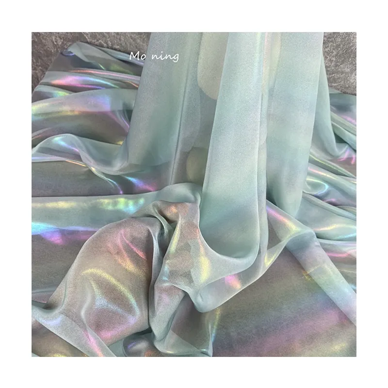 Glitter Rainbow Color Foil Chiffon Fabric Sheer Custom Polyester Organza Tulle Fabric for Woman Garment Dress
