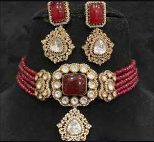 Fashionable Matt Gold Plated Polki Kundan Choker <b>Set</b> with Earrings Stylish <b>Jewellery</b> <b>for</b> <b>Wedding</b> and Anniversary Celebrations - Product Image 3