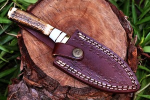 Cuchillo de caza con gancho de tripa de acero de Damasco forjado a mano personalizado, mango de ciervo, soporte OEM, hoja fija, cuchillo de Camping de grado Industrial - Product Image 5