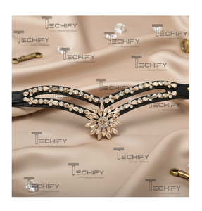 Bride de luxe en cuir noir faite à la main avec bandeau de tête de cheval en cristal double rangée, centre de table en fleurs or champagne, accessoire de bride en forme de V - Product Image 1