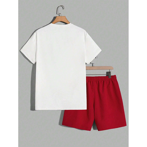 Custom High Quality 100% Cotton Causal Short Sleeve T Shirt Short Set Men <b>Graphic</b> <b>Tee</b> & Drawstring Waist Shorts - Product Image 4
