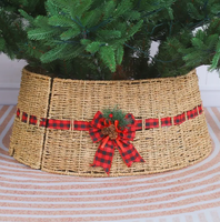 Collier de sapin de Noël en jonc de mer naturel, écologique, fait main, avec nœud rouge décoratif, pour base de sapin, style rustique campagnard