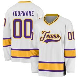 Camiseta de Hockey sobre Hielo para Hombre, Blanca, Dorada y Morada, Ropa Deportiva, Logotipo Personalizado, Sublimación Completa, Malla Transpirable de Poliéster Ligero - Product Image 1