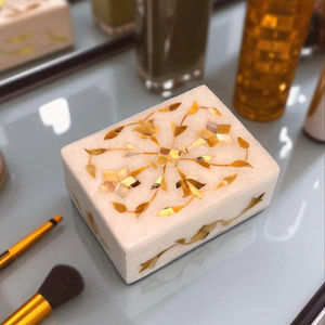 Caja de joyería con incrustaciones de mármol blanco rectangular moderna hecha a mano con diseño floral de piedras preciosas caja de regalo de piedra decorativa de lujo - Product Image 1