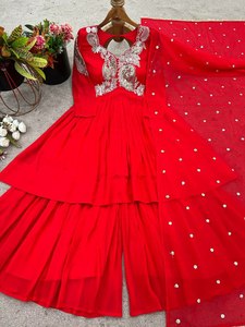 Conjunto de traje Sharara Salwar para el día de San Valentín Color rojo especial completamente cosido y listo para usar pesado Georgette bordado secuencia trabajo - Product Image 5