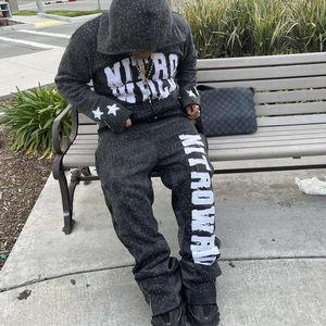 Rhinestone ácido lavado Zip Up Sudadera con capucha y Joggers Distressed Black Zip Up Conjunto completo Sudadera con capucha y Joggers Conjunto de pantalones de chándal - Product Image 1