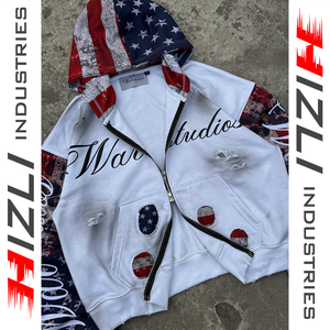 เสื้อฮู้ดซิปแบบมีซิปเต็มตัว ยี่ห้อ Manufacturer American Sleeves รุ่น Custom Distressed สำหรับผู้ชายและผู้หญิง ผ้า French Terry ปักลายสไตล์ Y2K สตรีทแวร์ - Product Image 4