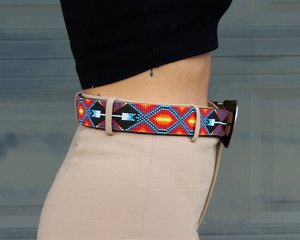 Ceinture perlée aztèque occidentale à grain complet Ceinture robuste en peau de vache de qualité supérieure Ceintures de luxe à motifs perlés personnalisés Prêt à expédier Unisexe - Product Image 6