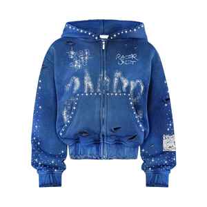 Sudadera con capucha personalizada estética desgastada con cremallera completa Sudadera con capucha de gran tamaño lavado ácido Hip Hop con diamantes de imitación para hombres - Product Image 1
