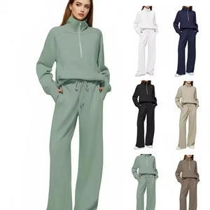 Ensemble deux pièces pour femmes d'hiver, sweat-shirt à col montant anti-boulochage à manches longues et pantalon large, style streetwear - Product Image 1