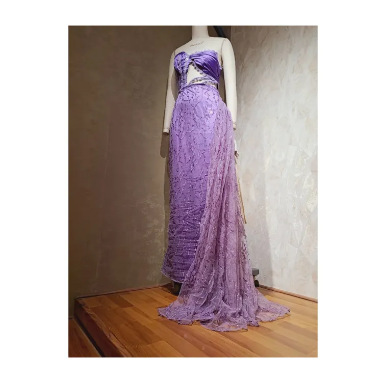 Kat uzunluk asimetrik moda abiye kadınlar için 100% mükemmel kalite pamuk malzeme kolsuz süslü elbise