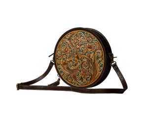 Wholesale Bohemian Women's Western Flower Tooled Canteen <b>Bag</b> Genuine Leather <b>Messenger</b> with Hand-Tooled Coin Purse - Product Image 3