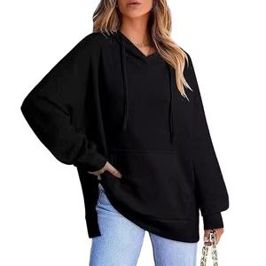 Nuevo 2025 Otoño Invierno mujer Sudadera con capucha Waffle Knit Side Split Pullover sudadera con bolsillo en la boca manga larga Oversize Fleece - Product Image 1