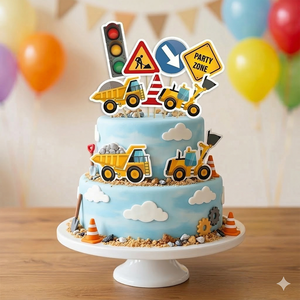 Juego de 7 Adornos de Madera para Pastel, Reutilizables, Decoración para Fiestas de Cumpleaños Infantiles, Tema de Camiones, Excavadoras y Señales de Tráfico - Product Image 4