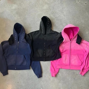 Custom Applique Embroidery Distressed Hoodies <b>Rhinestone</b> Zip <b>Jacket</b> Acid Wash Vintage Oversized Waterproof 100% Cotton Men's - Product Image 4