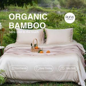 Juego de 4 piezas de bambú orgánico 300TC, color beige, 2 fundas de almohada, funda nórdica, sábana ajustable, suave, antialérgica y transpirable - Product Image 1