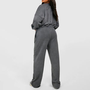 OEM/ODM Women Loose Fit 100% Cotton <b>Zip</b> <b>Up</b> Acid Wash Tracksuit Custom Logo Vintage Washed Streetwear Sweat Suits - Product Image 2