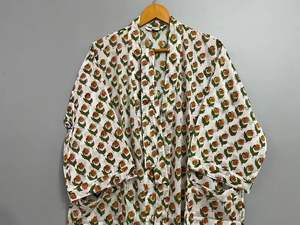 Jaipuri Handmade Cotton Maxi Dressing Gown Floral Block Print Free Size Beach Cover Shower Robe Comfort Casual Dress Natural - Product Image 2