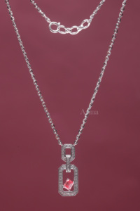 IGI Certified Lab Grown Diamond Emerald Cut Pink <b>Ruby</b> Open Link Pendant <b>Necklace</b> in 18K White Gold Geometric Designer <b>Necklace</b> - Product Image 3