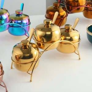 Ensemble de pots à condiments en acier inoxydable arc-en-ciel avec support, récipient à épices avec couvercle et cuillère, porte-ustensiles de cuisine, ensembles de vaisselle pour la maison - Product Image 1