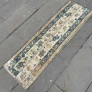 Turkish Vintage Rug, 1.4x4.6 ft Small Rug, <b>Brown</b> Blue Abstract <b>Wool</b> Rug - Product Image 2