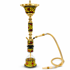 Cachimba de Lujo en Latón Dorado y Acero Inoxidable con Incrustaciones de Madreperla Amarilla y Roja - Product Image 1