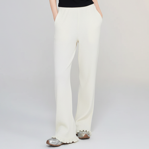 Pantalones de Punto Acanalados de Invierno para Mujer, de Pierna Ancha, con Dobladillo de Lechuga, Cintura Elástica, Mezcla de Algodón, Cómodos, Casuales, para Estar en Casa - Product Image 1