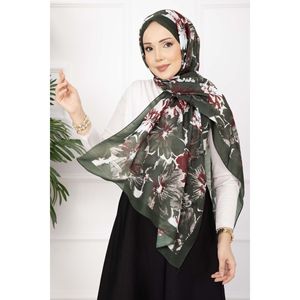 Emerald Floral Flower Patterned <b>Square</b> <b>Scarf</b> Series Made of Cotton Polyester and Silk - Product Image 2