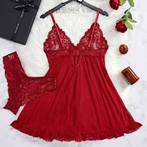 Ensemble de Lingerie Sexy pour Femme, Rouge Transparent en Dentelle, Chemise de Nuit Respirante en Laine Peignée, Short Confortable à Taille Élastique pour Dormir - Product Image 4