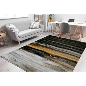 Tapis moderne abstrait : Tapis brillant noir, gris, jaune et doré, tapis doux non tissé - Product Image 2