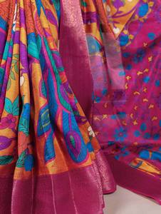 Saree en soie rose Tussar avec motifs de temple Bloc à la main imprimé Style traditionnel Tenue de fête Saree Blouse Pièce Pure Soie de mûrier - Product Image 3