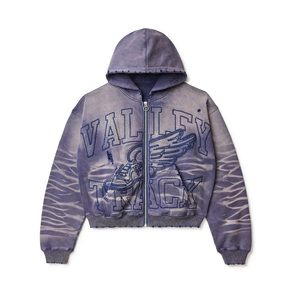 Wholesale Custom <b>Men</b> Acid Wash Zip Up <b>Hoodie</b> Distressed Ripped Streetwear Embroidery Heavyweight OEM ODM - Product Image 5