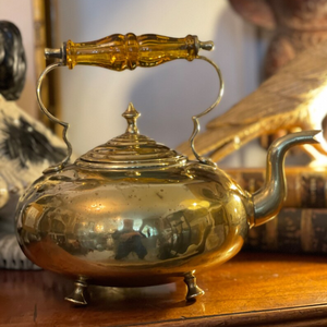 กาน้ำชาโบราณทำจากทองเหลืองพร้อมที่จับแก้วอำพัน, กาน้ำชา1890อเนกประสงค์สำหรับดื่มน้ำชาและกาแฟ - Product Image 1