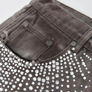 Shorts en denim délavés à l'acide avec strass, prix de gros, fabricant de vêtements, shorts en denim à vendre - Product Image 5