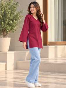 เสื้อทูนิคแขนยาวคอวีสีพื้นสำหรับผู้หญิงขายส่ง – เสื้อเชิ้ตแขนยาวลำลองคอวีสำหรับใส่ทุกวัน เสื้อทูนิคแขนยาวสีแดงสำหรับผู้หญิง - Product Image 5