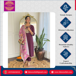 Diseño llamativo Rayón de viscosa pura de calidad superior con codificación de secuencia Trabajo de bordado Kurti & Dupatta Set de India - Product Image 5