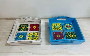 Plateaux de service en bois Art Déco faits à la main, lot de 2 (pour les occasions de mariage et de Diwali) - Product Image 2