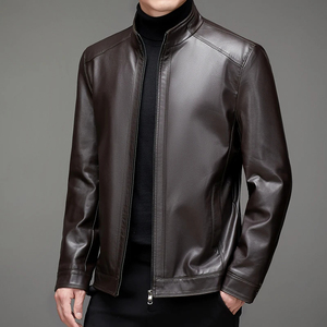 Coated Stand Collar Front Logo Vintage Hooded Genuine Leather Men's Varsity <b>Jacket</b>-Wholesale Custom - Product Image 2