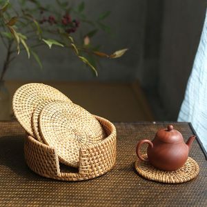 Handwoven Rattan Round Coasters with Holder Pottery Insulated Heat Woven <b>Placemats</b> Eco-Friendly Coaster <b>Set</b> - Product Image 3