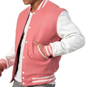 Blouson universitaire pour homme en laine avec manches en cuir, fermeture éclair, patchwork écologique, style bomber, mode pastel - Product Image 5