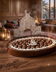 Plateau de service ovale élégant en bois d'acacia fait main, design floral moderne, incrustation de nacre, multifonctionnel pour la décoration de desserts, l'Aïd - Product Image 1