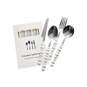Ensemble de couverts élégants et robustes en métal blanc manche en céramique ensemble de couverts en acier inoxydable-cuillère fourchette couteau vaisselle fêtes miroir - Product Image 1
