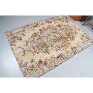 4x5.8 ft Accent Turkish Rug, Vintage Rug, <b>Brown</b> Purple Check <b>Wool</b> Rug - Product Image 2