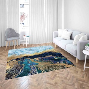 พรมหินอ่อนสีฟ้าและสีทองนามธรรม: พรมเน้นทันสมัยพรมบางใยสังเคราะห์ - Product Image 4